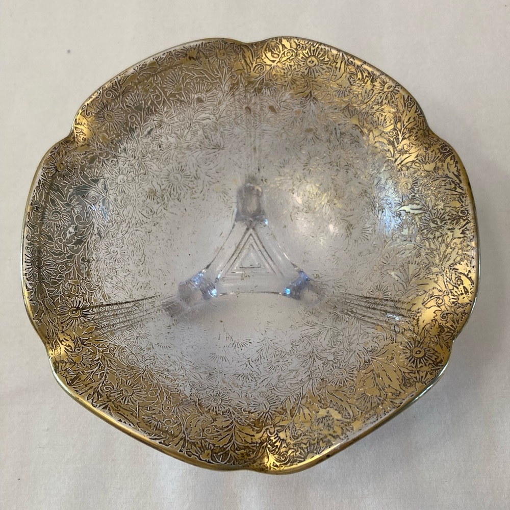 Clear Candy Dish With Gold Botanical Designs Decorative Dish